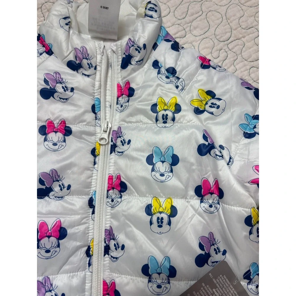 Disney Minnie Mouse Puffer Jacket White Multicolor All Over Print Size 3t